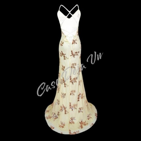 Champaing Color Mermaid Paillettes Sequins Strappy Maxi Prom Formal Ball Gown - Picture 2 of 8